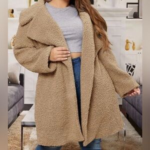 SHEIN Plus Lapel Neck Drop Shoulder Teddy Coat